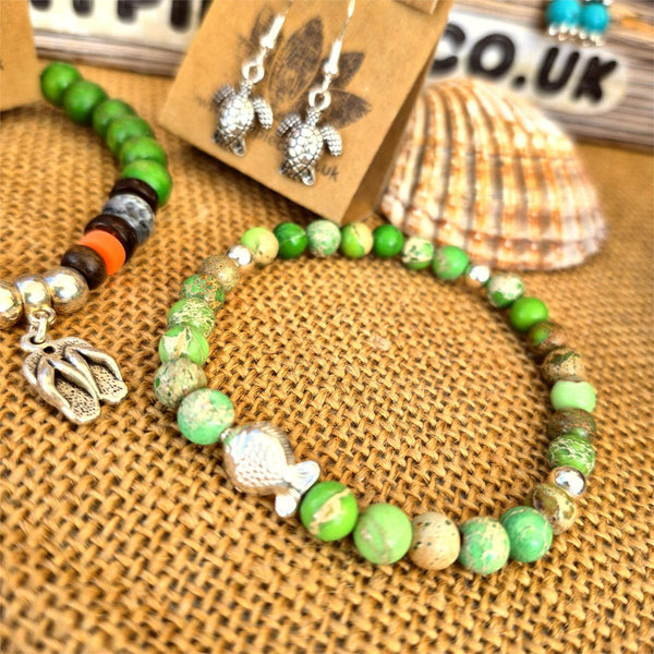 Felix - Imperial Jasper Bead & Sterling Silver Fish Bracelet