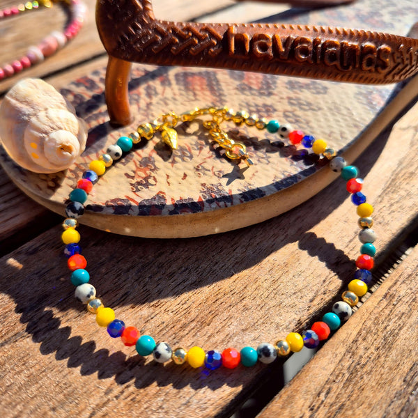 Super cute beach anklet, handmade with bright multicolour 4mm stone beads with gold plated accents