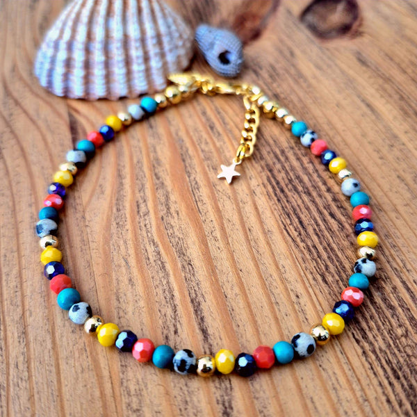 Super cute beach anklet, handmade with bright multicolour 4mm stone beads with gold plated accents