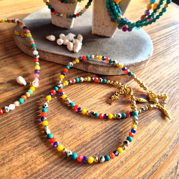 Super cute beach anklet, handmade with bright multicolour 4mm stone beads with gold plated accents