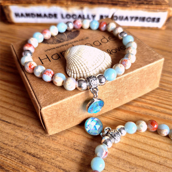 Trudy -Jasper Stone Bead Bracelet with sparkly CZ charm