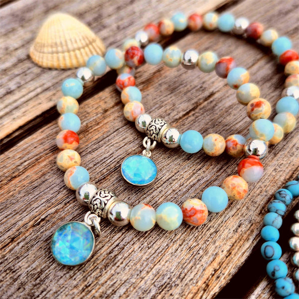 Trudy -Jasper Stone Bead Bracelet with sparkly CZ charm