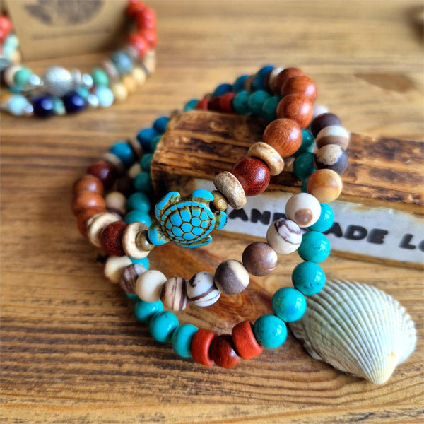 Each Bracelet is individually designed, (1) 8mm walnut &amp; turquoise wood beads, coconut discs, &amp; turquoise howlite turtle, (2) 6mm turquoise magnesite beads with terracotta discs &amp; wood beads plus (3) 6mm natural zebra jasper stone beads