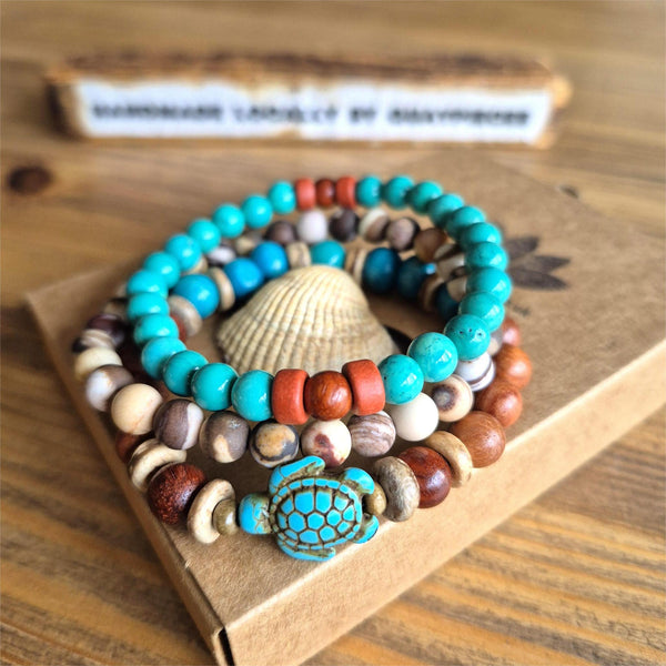 Each Bracelet is individually designed, (1) 8mm walnut &amp; turquoise wood beads, coconut discs, &amp; turquoise howlite turtle, (2) 6mm turquoise magnesite beads with terracotta discs &amp; wood beads plus (3) 6mm natural zebra jasper stone beads