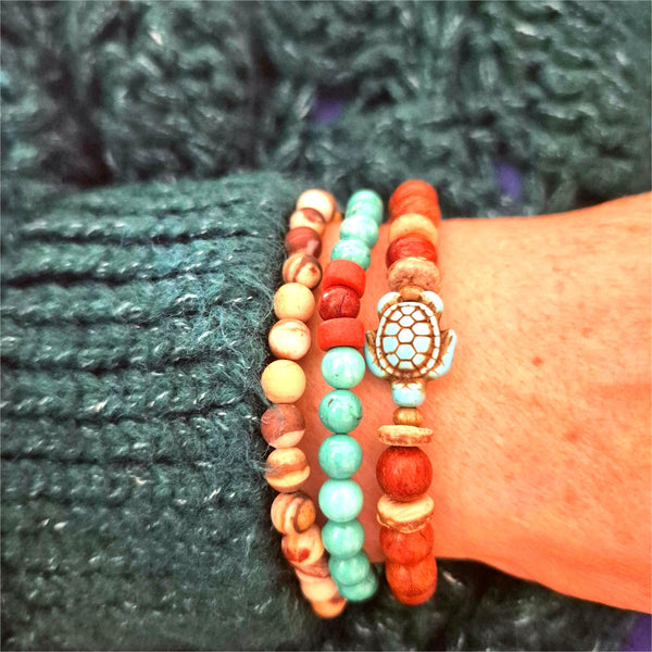 Each Bracelet is individually designed, (1) 8mm walnut &amp; turquoise wood beads, coconut discs, &amp; turquoise howlite turtle, (2) 6mm turquoise magnesite beads with terracotta discs &amp; wood beads plus (3) 6mm natural zebra jasper stone beads