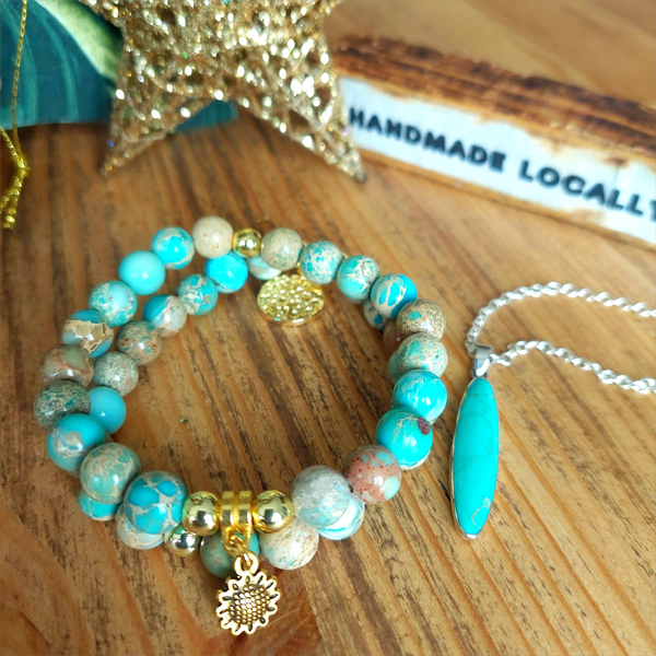 Bridget - Pale Blue & Sand Jasper Bead Bracelet