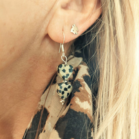 ﻿Gorgeous Handmade Dalmatian Jasper stone heart earrings with silver hematite beads   925 Sterling Silver Hook  Length 30mm from bottom of hook  Perfect little gift for a friend!  **Presented in lovely Kraft paper gift box with reusable organza pouch**