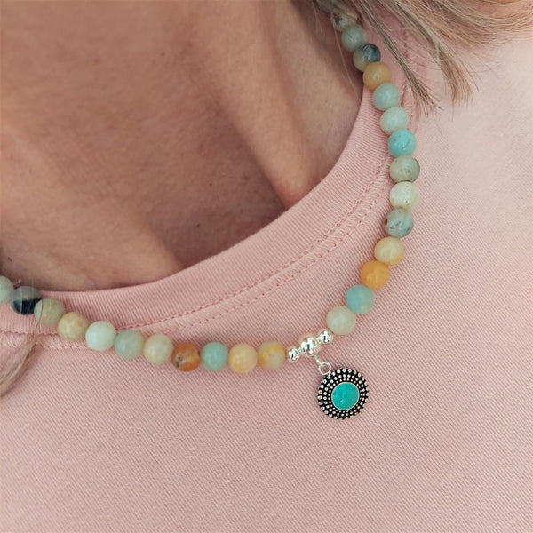 Gorgeous natural stone bead necklace with sterling silver beads & toggle fastening with choice of silver charm.  Length - 42cm  Choose from 1) Yellow beads with starfish                       2) Aqua/brown beads with turquoise circle  A lovely addition to all those summer outfits & Super cute gift for any beach lover!  **Presented in lovely Kraft paper gift box with reusable organza pouch**
