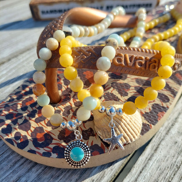 Gorgeous natural stone bead necklace with sterling silver beads & toggle fastening with choice of silver charm.  Length - 42cm  Choose from 1) Yellow beads with starfish                       2) Aqua/brown beads with turquoise circle  A lovely addition to all those summer outfits & Super cute gift for any beach lover!  **Presented in lovely Kraft paper gift box with reusable organza pouch**